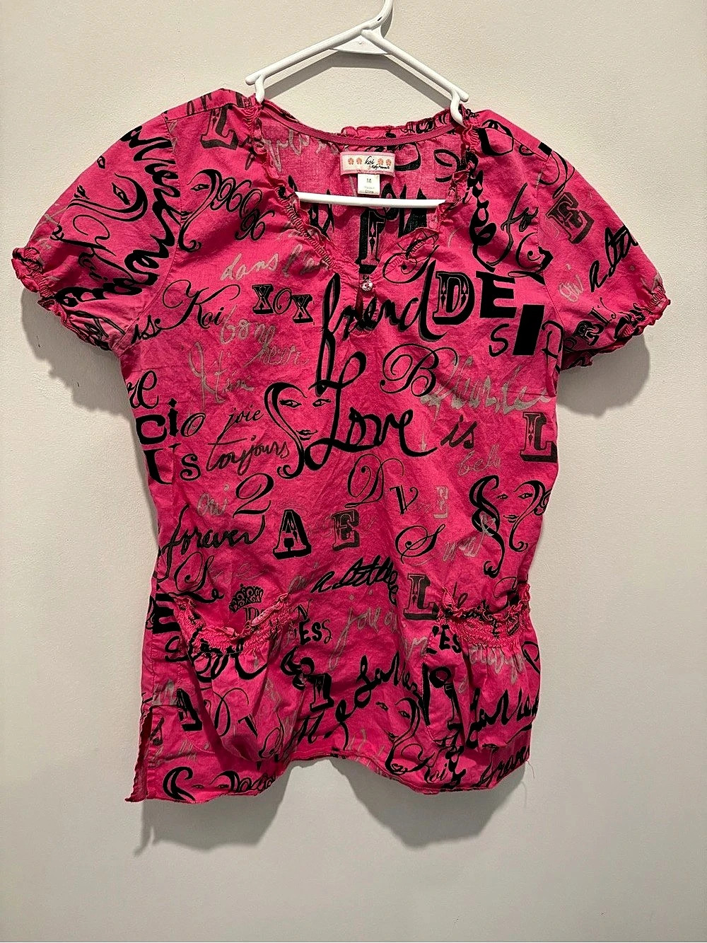 Koi Short Sleeve Scrub Top in Pink & Black - Size Medium